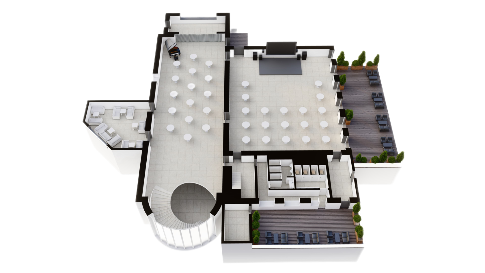 3D-модель «Согласие Hall»: фуршетная расстановка с коктейльными столами